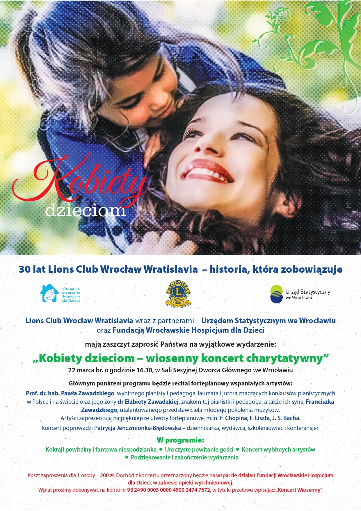 Kobiety dzieciom – wiosenny koncert charytatywny 22 marca br. o godzinie 16.30, w Sali Sesyjnej Dworca Głównego we Wrocławiu